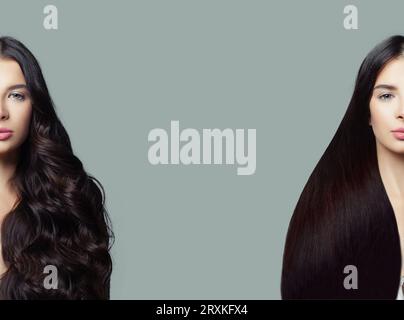 Testa di donna con capelli ondulati e lisci. Concetto di styling e cura dei capelli sani Foto Stock