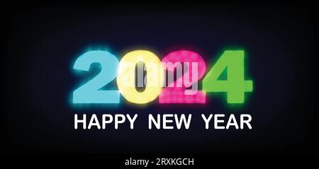 Buon anno 2024. Luci al neon colorate su sfondo scuro. Adatto per biglietti d'auguri, carta da parati, striscioni, poster o volantini. Vettore Illustrazione Vettoriale