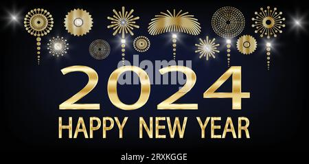 2024 felice anno nuovo. Design di biglietti d'auguri, striscioni, poster o volantini. Numeri d'oro e fuochi d'artificio. Illustrazione vettoriale. Illustrazione Vettoriale