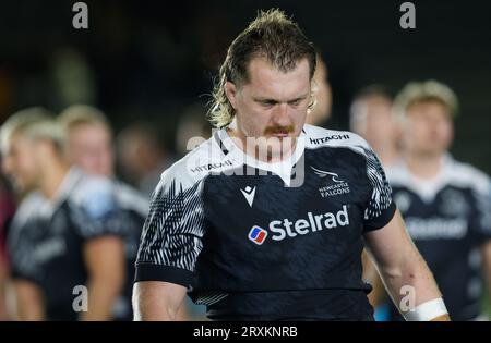 Newcastle, Regno Unito. 11 giugno 2023. John Kelly dei Newcastle Falcons è raffigurato dopo la partita di Premiership Cup tra Newcastle Falcons e sale Sharks a Kingston Park, Newcastle, venerdì 22 settembre 2023. (Foto di Chris Lishman/mi News/NurPhoto) credito: NurPhoto SRL/Alamy Live News Foto Stock