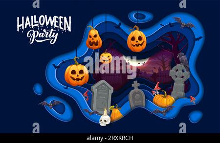 Paesaggio del cimitero di Halloween con zucche orrore e lapidi, pipistrelli volanti e luna piena. Cornice vettoriale 3d con strati ondulati papercut e trucco o trattamento di tombe notturne, alberi e cranio Illustrazione Vettoriale