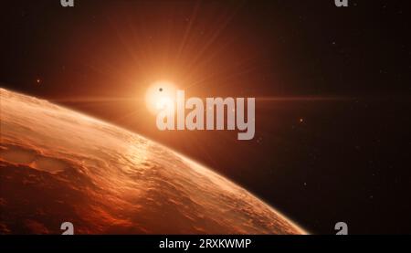 Alba su un pianeta lontano con una stella. Foto Stock