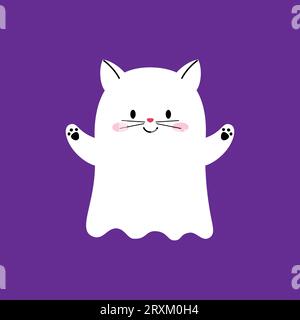 Cartone animato Halloween kawaii personaggio gatto fantasma. Allegra e isolata meraviglia gattino con torsione spettrale, con adorabile fascino felino e fascino spettrale, creando un personaggio fantasma irresistibile Illustrazione Vettoriale