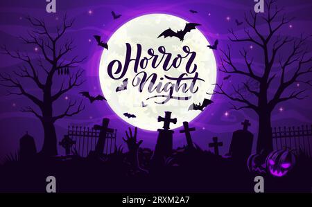 Paesaggio del cimitero di Halloween con lapidi, pipistrelli volanti e mani di zombie, poster vettoriale per le vacanze. Lo striscione celebrativo di Halloween della notte dell'orrore con la luna di mezzanotte e le mani morte formano tombe sul cimitero Illustrazione Vettoriale