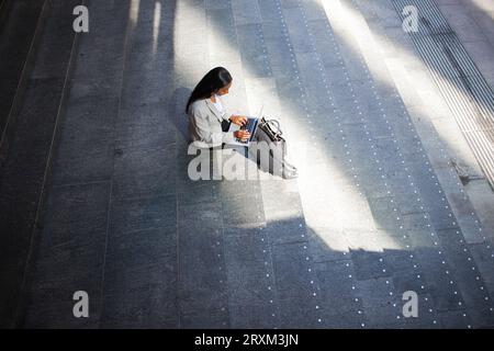 Vista dall'alto di una donna d'affari che utilizza un computer portatile sulla scala Foto Stock