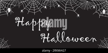 Lettering Happy Halloween. Carta con ragni in ragnatele. Illustrazione per design natalizio, decorazioni, biglietti, banner. Illustrazione vettoriale Illustrazione Vettoriale