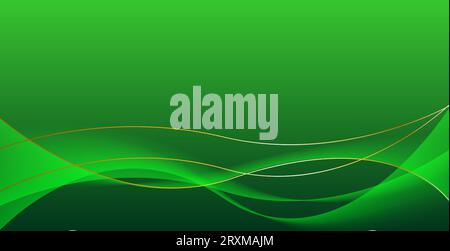 Sfondo verde astratto di lusso con linee ondulate e dorate del nastro. Design moderno del modello di banner con motivo grafico. Illustrazione vettoriale Illustrazione Vettoriale