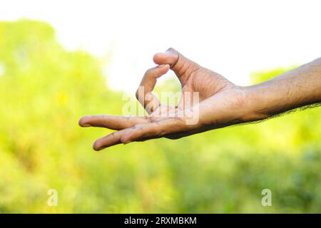 La mano degli uomini mostra un segno della mano di "OK", "tutto va bene". OK, segno. tutto procede secondo il piano. va tutto bene. Ottimo lavoro. La mano dell'uomo mostra gestu Foto Stock