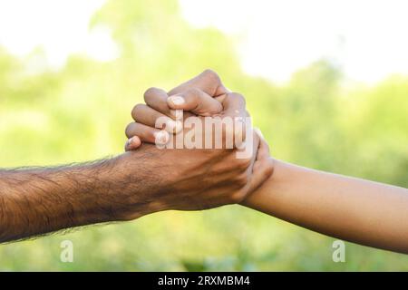 Concetto di agitazione della mano. Amichevole fare un patto con una stretta di mano di due mani sullo sfondo delle piante vegetali in Farm. Sistema di agitazione manuale. Amico Foto Stock