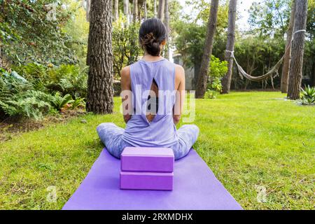 Vista posteriore di una donna in abbigliamento sportivo seduta sul tappetino da yoga. Foto Stock