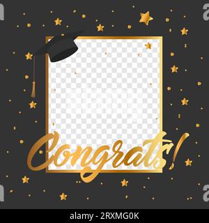 Cornice fotografica per la laurea con berretto, stelle e coriandoli. Congratulazioni, il concetto dei laureati con lettere nere e dorate. Illustrazione vettoriale Illustrazione Vettoriale
