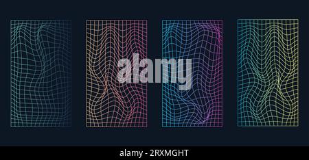 Set di maglie al neon perlato olografiche distorte.Retrowave, synthwave, rave, vaporwave.trendy stile anni '1980, '90. Illustrazione vettoriale. Illustrazione Vettoriale