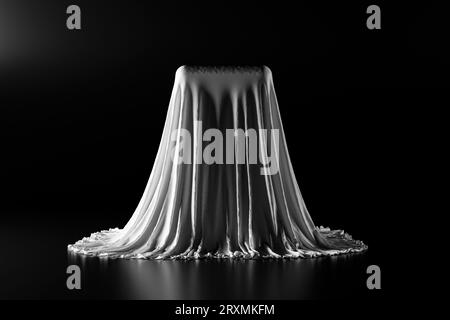 Misterioso oggetto quadrato coperto da un panno bianco. illustrazione 3d di oggetti segreti su sfondo nero Foto Stock