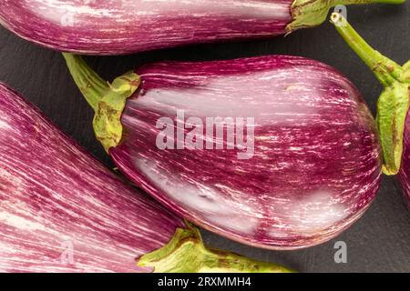 Diverse melanzane mature su pietra d'ardesia, macro, vista dall'alto. Foto Stock