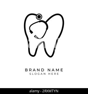 Dente con logo Dental Clinic in stetoscopio modello vettoriale modello lineare. Icona del concetto di logotipo del dentista medico Illustrazione Vettoriale