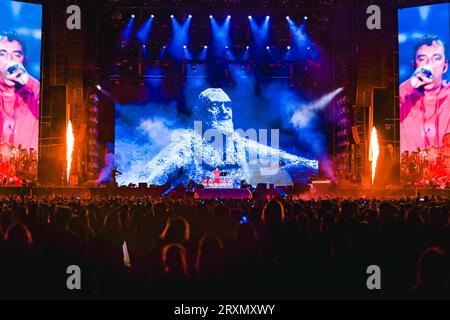 Milano, Italia. 23 settembre 2023. Salmo si esibisce dal vivo al Festival di Marrageddon all'Ippodromo SNAI la Maura il 23 settembre 2023 a Milano (foto di Alessandro Bremec/NurPhoto) crediti: NurPhoto SRL/Alamy Live News Foto Stock