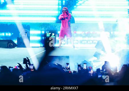 Milano, Italia. 23 settembre 2023. Salmo si esibisce dal vivo al Festival di Marrageddon all'Ippodromo SNAI la Maura il 23 settembre 2023 a Milano (foto di Alessandro Bremec/NurPhoto) crediti: NurPhoto SRL/Alamy Live News Foto Stock