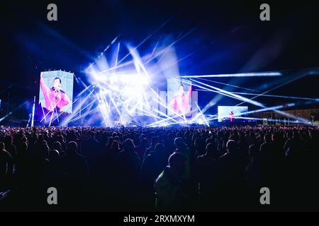 Milano, Italia. 23 settembre 2023. Salmo si esibisce dal vivo al Festival di Marrageddon all'Ippodromo SNAI la Maura il 23 settembre 2023 a Milano (foto di Alessandro Bremec/NurPhoto) crediti: NurPhoto SRL/Alamy Live News Foto Stock