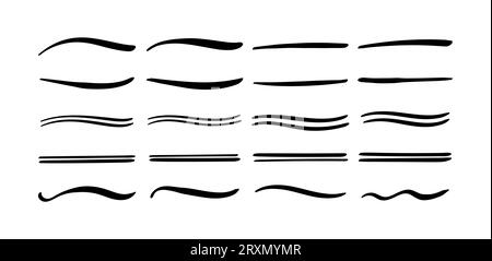 Swoosh e Swoops hanno una doppia forma di coda tipografica sottolineata. Il pennello ha disegnato spessi strisci curvi. Raccolta di ricci, ciuffi, strizzacervelli Illustrazione Vettoriale