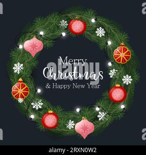 Corona di Natale con rami di abete, ghirlande decorate e palle in vetro d'epoca. Illustrazione vettoriale in stile retrò Illustrazione Vettoriale