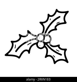 Immagine di Doodle Festive holly. Pianta disegnata a mano isolata su sfondo bianco. Sfoggia foglie affilate per la stagione. Carino simbolo di felice anno nuovo, buon Natale Illustrazione Vettoriale