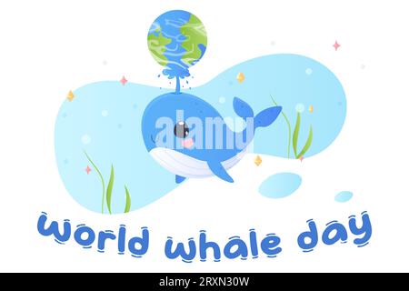 giornata mondiale delle balene. Cartolina, balena che regge la terra. Stampa maglietta, baby. balene blu, icone per bambini per adesivi, baby shower, libri. Illustrazione Vettoriale