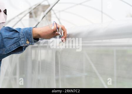 Installazione del filo di bloccaggio a molla multipla per il sistema di fissaggio della pellicola per serra Foto Stock