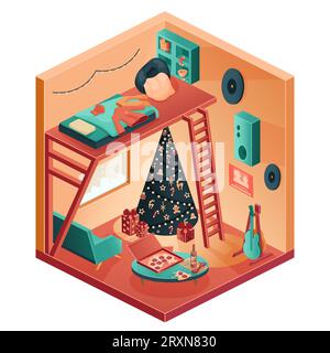 Soggiorno Isometrico natalizio con divano e albero di Natale, letto e poltrona. Sala dei musicisti con chitarre. Illustrazione vettoriale. Illustrazione Vettoriale