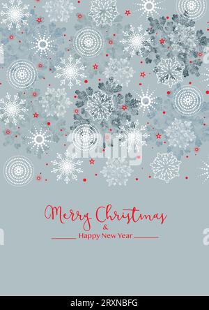 Sfondo natalizio o biglietto d'auguri con fiocchi di neve e stelle in rosso e blu. Illustrazione vettoriale Illustrazione Vettoriale