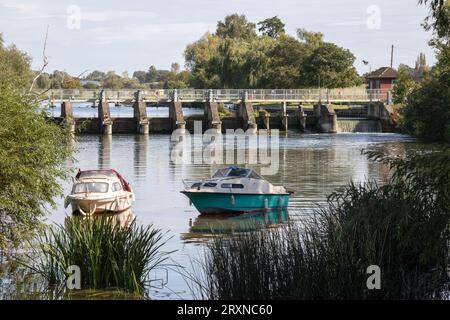 Day's Lock and weir on the River Tamigi, Little Wittenham, Oxfordshire, Inghilterra, Regno Unito, Europa Foto Stock