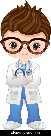 Cartoon vettoriale carino piccolo Dottore con stetoscopio Illustrazione Vettoriale
