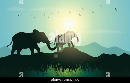 Silhouette con design a elefante. Illustrazione vettoriale in stile minimalismo disegnata a mano Illustrazione Vettoriale