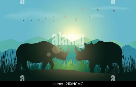 Silhouette con design in rinoceronte. Illustrazione vettoriale in stile minimalismo disegnata a mano Illustrazione Vettoriale