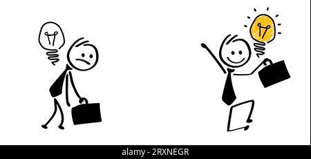 Lampada per cartoni animati think big idea con cervello. Felice uomo d'affari e lampadina o icona del caos. Personaggi a levetta e uomo energico. Lampadina vettoriale e idea. T Foto Stock