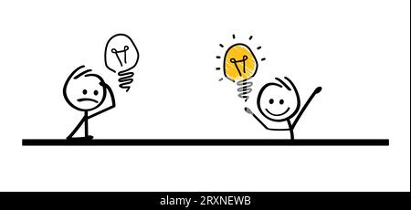 Lampada per cartoni animati think big idea con cervello. Happy stickman e lampadina o icona del caos. Personaggi a bastone e scarabocchi. Lampadina vettoriale idea concep Foto Stock
