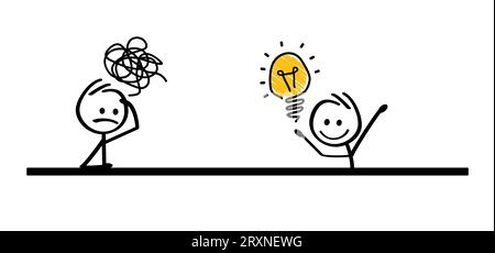 Lampada per cartoni animati think big idea con cervello. Happy stickman e lampadina o icona del caos. Personaggi a bastone e scarabocchi. Lampadina vettoriale idea concep Foto Stock