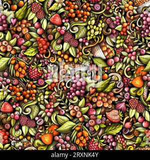Gli scarabocchi vettoriali dei cartoni animati sul tema del motivo senza cuciture Berry Fruits presentano una varietà di oggetti e simboli di bacche. Bizzarro giocoso colorato b Illustrazione Vettoriale