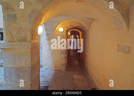 Vecchio corridoio di collegamento "Longue Traboule", quartiere Saint-Jean, città vecchia di Lione, Valle del Rodano, Francia Foto Stock