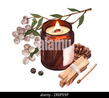 Set di acquerelli, candela di natale, vetro marrone con cono di pino, bastoncini Palo Santo e lampone. Composizione dell'illustrazione dipinta a mano ideale per salutare Foto Stock