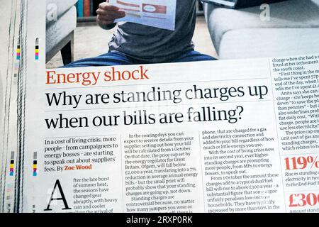 "Shock energetico perché le nostre bollette stanno calando?" Guardian Newspaper headline Cost of Living Crisis articolo 23 settembre 2023 Regno Unito Foto Stock