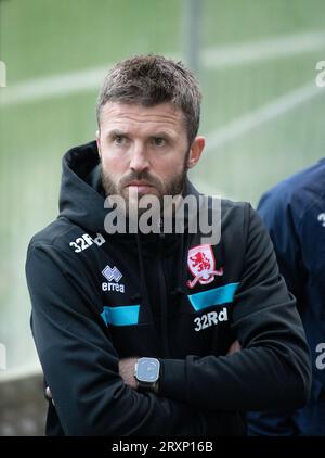 Michael Carrick, allenatore del Middlesbrough, prima della partita del terzo turno della Carabao Cup tra Bradford City e Middlesbrough all'University of Bradford Stadium di Bradford, martedì 26 settembre 2023. (Foto: Trevor Wilkinson | mi News) crediti: MI News & Sport /Alamy Live News Foto Stock