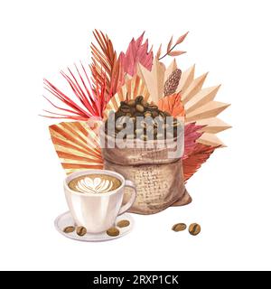 Chicchi di caffè ad acquerello in sacco di juta e tazza di caffè con foglie autunnali. Illustrazione disegnata a mano isolata su sfondo bianco. Perfetto per Foto Stock