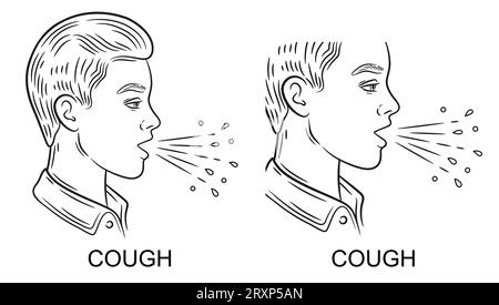 Tosse o starnuto persona malata, polmonite, mal di gola, influenza infezione da virus respiratorio malattia icona linea. Malessere uomo con allergia sintomo di asma. Vettore Illustrazione Vettoriale