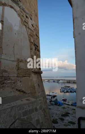 Ammira le mura della città vecchia delle barche ormeggiate nel porto accanto alle mura della città vecchia di Gallipoli, Italia Foto Stock