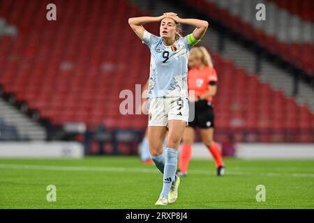 Glasgow, Regno Unito. 26 settembre 2023. La belga Tessa Wullaert reagisce nel corso di una partita tra la Scozia e la nazionale femminile belga, i Red Flames, partita 2/6 nella UEFA Women's Nations League 2023-24, martedì 26 settembre 2023, a Glasgow, in Scozia. BELGA PHOTO DAVID CATRY Credit: Belga News Agency/Alamy Live News Foto Stock