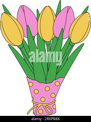 Bouquet colorato di tulipani in carta avvolgente in tonalità alla moda di rosa e giallo tenue. Adesivo. Icona. Isolare. Design vettoriale per biglietti d'auguri o biglietti d'invito, prezzo, etichetta o Web, poster, banner Illustrazione Vettoriale
