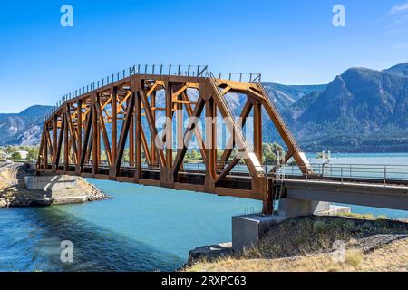 Ponte di trasporto ferroviario a traliccio di metallo stretto e arrugginito attraverso il fiume Columbia nell'area della riserva nazionale della Columbia River Gorge nord-occidentale con un treno tra Foto Stock