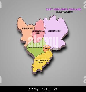 Rendering 3d mappa di alta qualità delle East Midlands England è una regione dell'Inghilterra, con confini delle contee cerimoniali, testo e colori diversi. Foto Stock