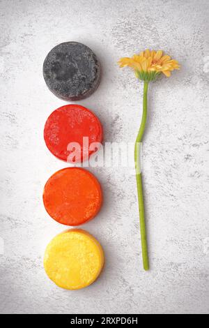 Diverso shampoo solido fatto a mano e fiore di calendula su sfondo chiaro Foto Stock