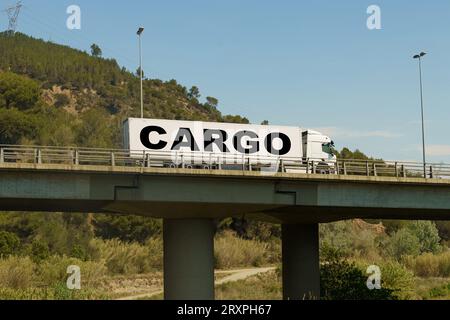 Un camion sta attraversando il ponte, con l'iscrizione sul rimorchio - Cargo. Concetto di logistica. Foto Stock